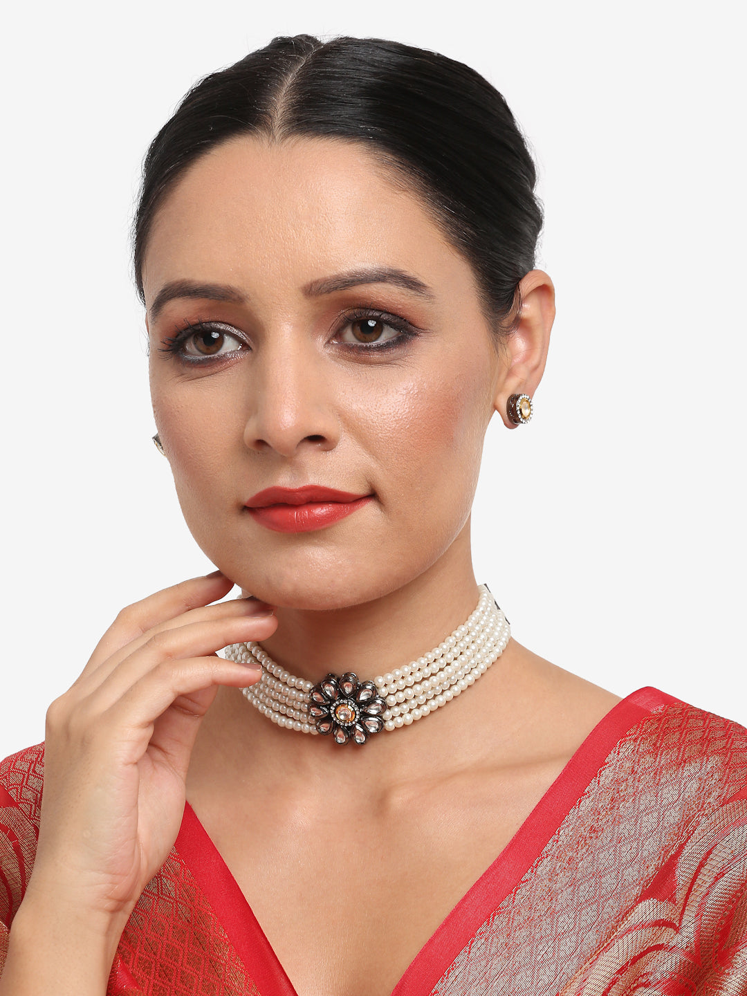 Silver-Plated Kundan Pearl Choker With Studs - Ruby Raang - Grab2buy