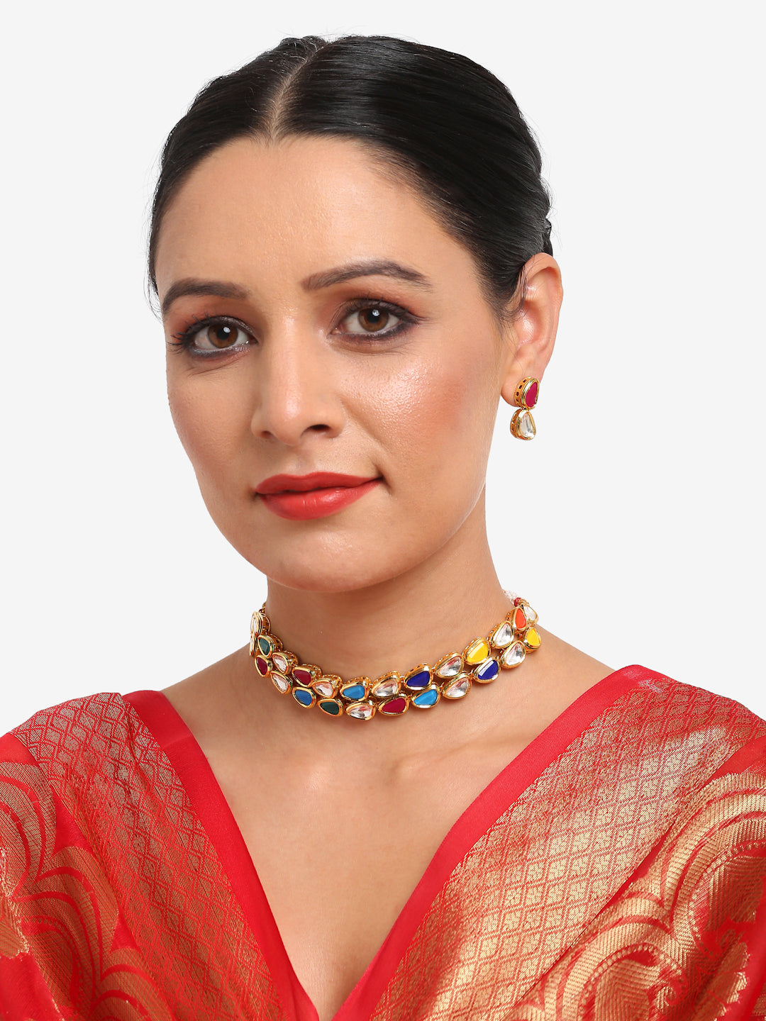 Multioloured Kundan Studded Choker Jewellery Set - Ruby Raang - Grab2buy
