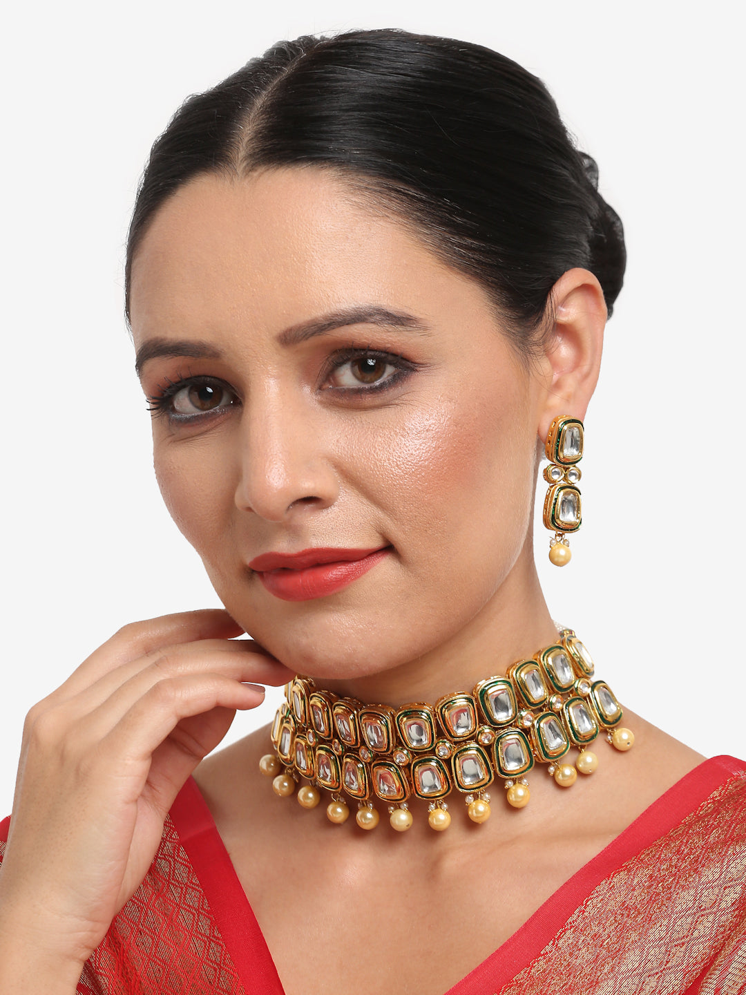 White Gold Toned Meenakari Kundan Choker With Earrings - Ruby Raang - Grab2buy