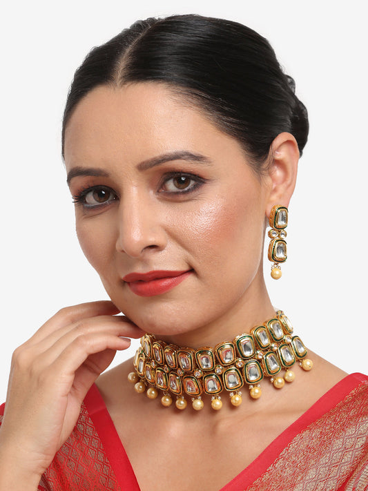 White Gold Toned Meenakari Kundan Choker With Earrings - Ruby Raang - Grab2buy