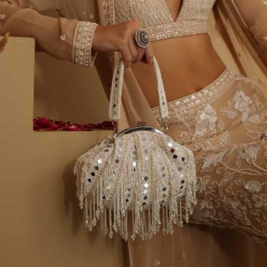 New Stylish Partywear White Mirror Work Potli Bag for Womens by House of Ree