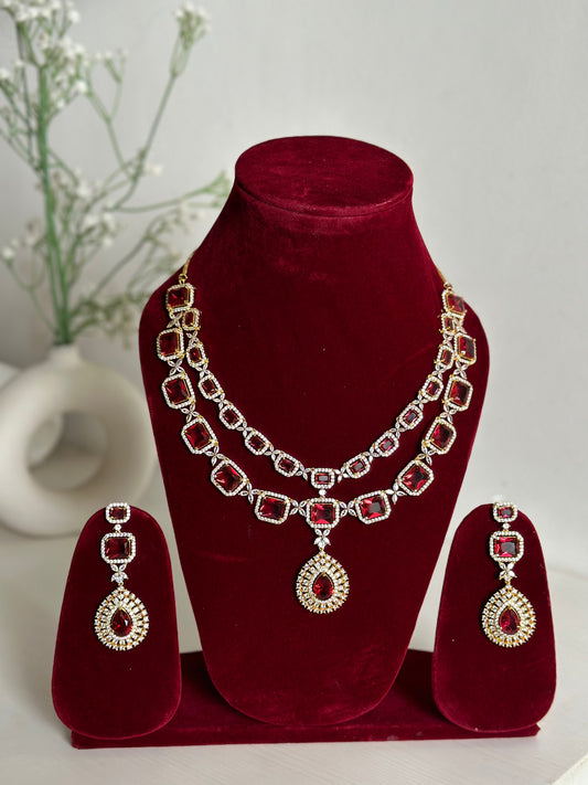 Red American Diamond Two Layer Elegent Necklace Set With Earrings By House of Ree House of Ree