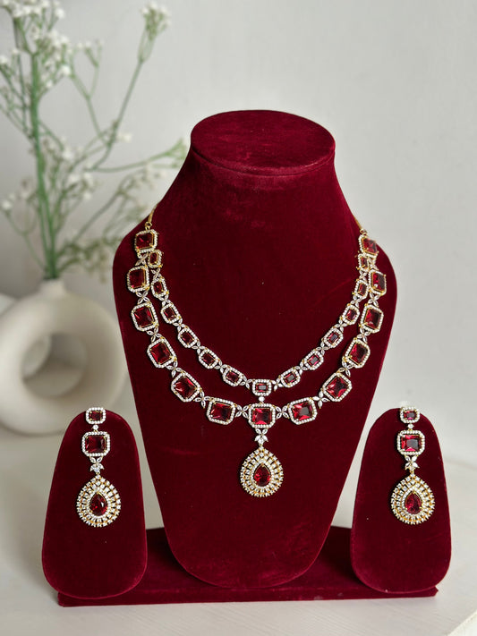 Red American Diamond Two Layer Elegent Necklace Set With Earrings By House of Ree | Grab2Buy
