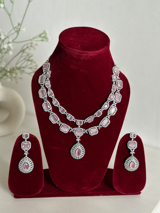 Baby Pink American Diamond Two Layer Elegent Necklace Set With Earrings By House of Ree House of Ree