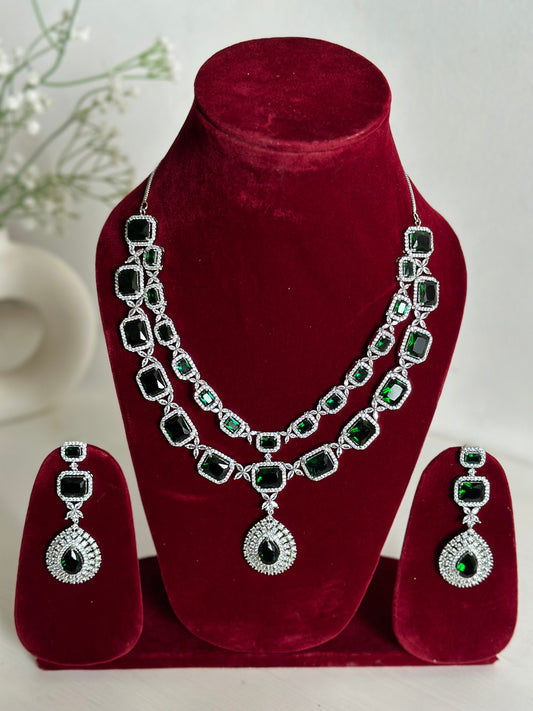 Green American Diamond Two Layer Elegent Necklace Set With Earrings By House of Ree House of Ree