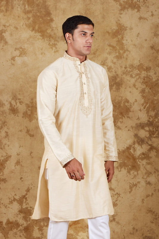 Bluesaanchi Men's Sunshine Handwoven Embroidered Cosmic LatteKurta Set | Swadesiicart