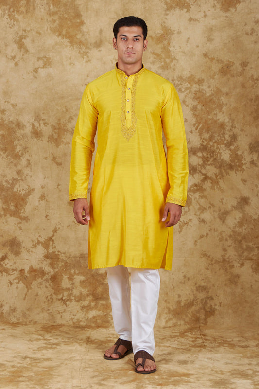 Bluesaanchi Men's Sunshine Handwoven Embroidered Maize YellowKurta Set | Swadesiicart