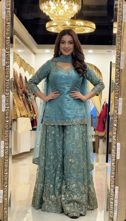 Yash Enterprise Sky Fandy Silk Party Wear Embroidery Sharara Suit Set Grab2Buy Yash Enterprise Grab2Buy