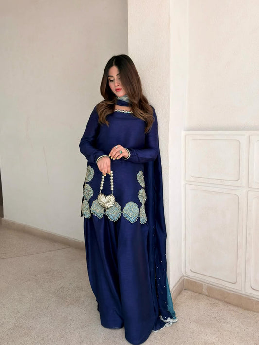 Yash Enterprise Navy Blue Crepe Silk Party Wear Embroidery Sharara Suit Set Grab2Buy Yash Enterprise Grab2Buy