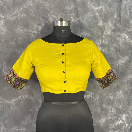 Kachha Nimboo Lemon Yellow Coloured Cotton /Jackard Ready to Wear Blouse - kapda Tailor