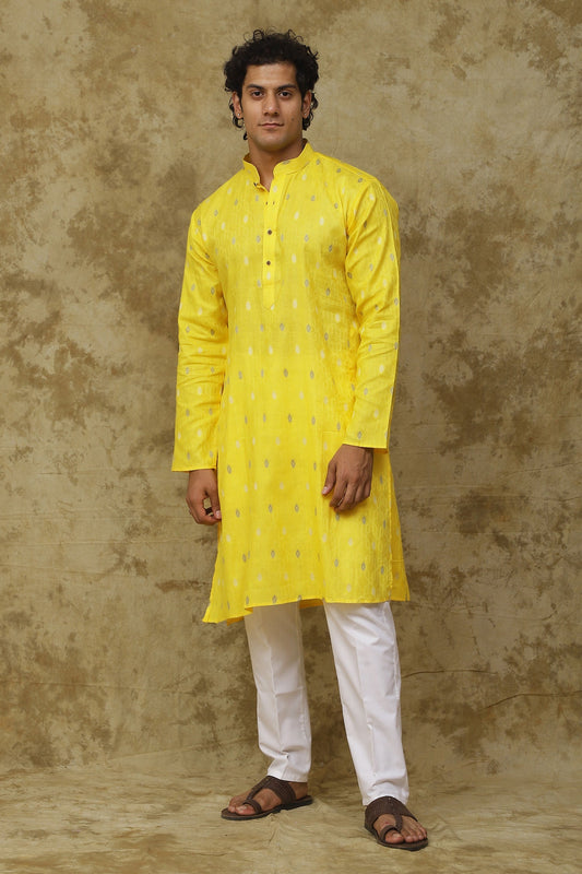 Bluesaanchi Men's Cotton Printed Kurta Set - Yellow Geometric | Swadesiicart