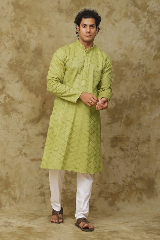 Bluesaanchi Men's Mehendi Brick Zigzag Embroidered Kurta Set | Swadesiicart