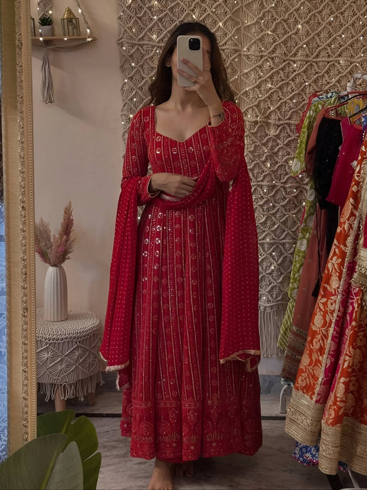 Yash Enterprise Mehrooni Red Faux Blooming Party Wear Embroidery Suit Set Grab2Buy Yash Enterprise Grab2Buy