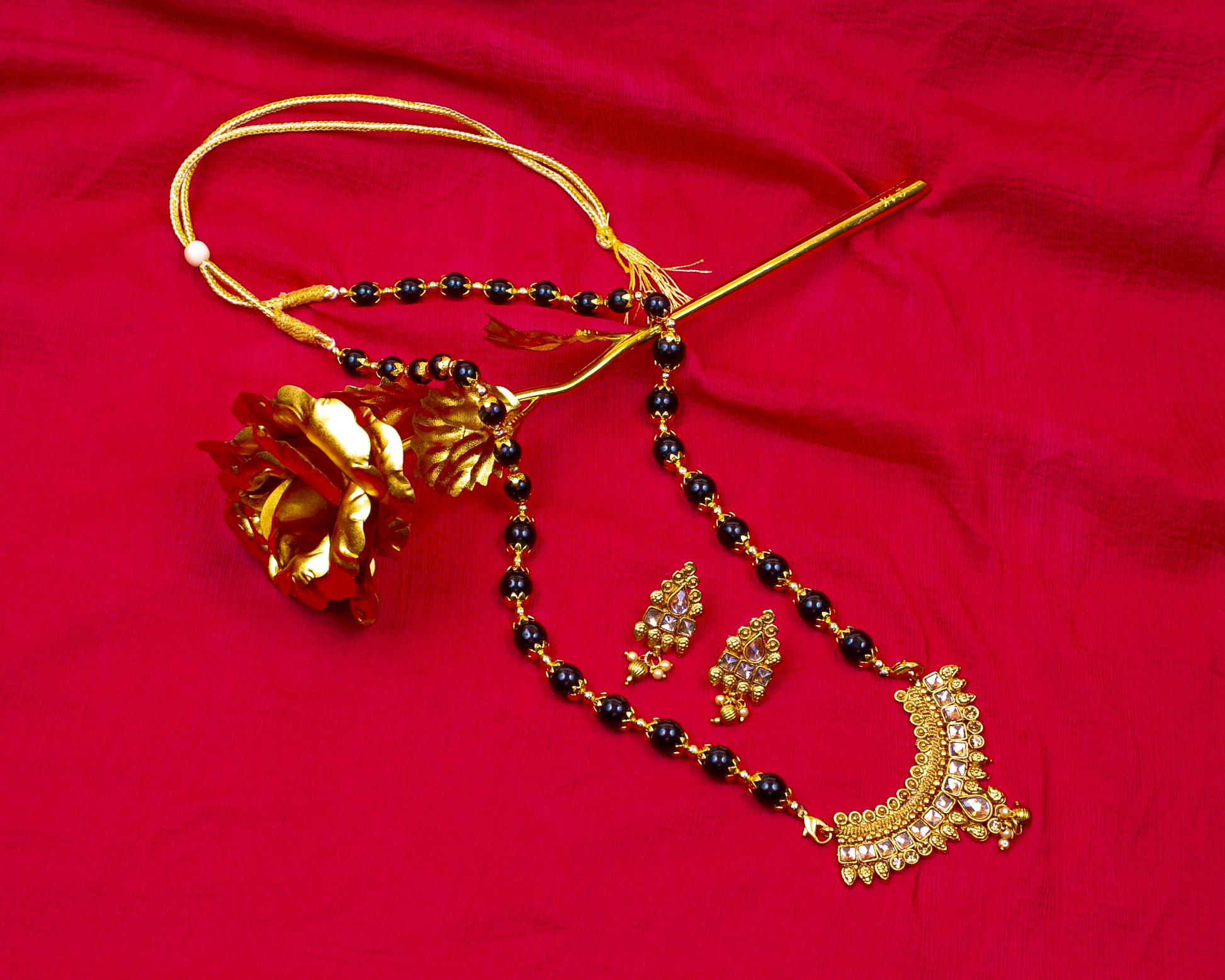 Gold-Plated Alloy Black Beaded Necklace Set - The Pari - Grab2buy