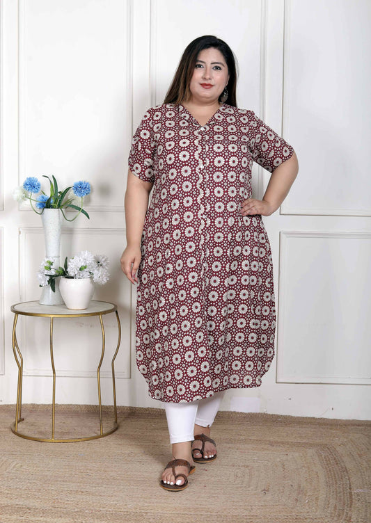 Miravan Women's Plus Size Cotton Floral Printed Cream A-Line Kurta with Buttons | Grab2Buy
