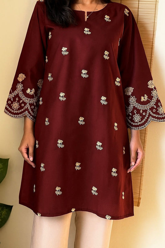 SDF Trending Short length Maroon Kurti with Embroidery Work | Grab2Buy