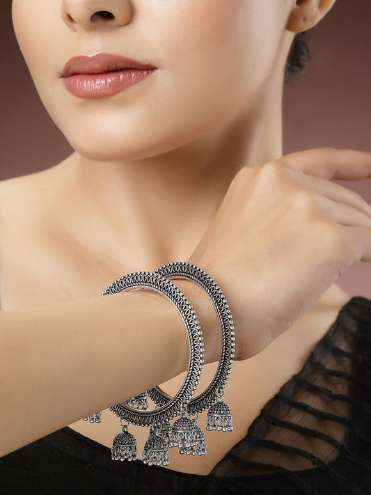 NVR Women's Set of 2 Silver-Toned German Silver Oxidised Bangle | Grab2Buy