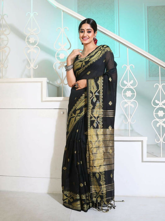 Exclusive Collection Beautiful Black Pure Cotton Woven Handloom Grab2Buy With Running Blouse Piece