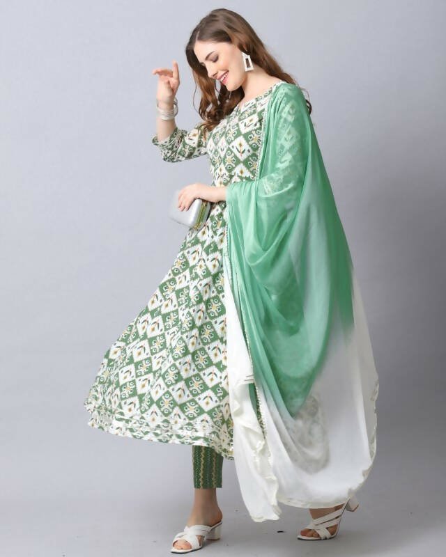 Aastha Fashion Women's Bottle Green Cotton Embroidered Kurta with Trouser & Dupatta - Grab2buy