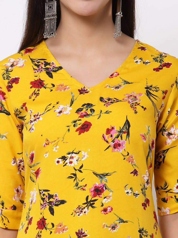 Myshka Women's Crepe Printed Half Sleeve V - Neck Casual Yellow Kurta