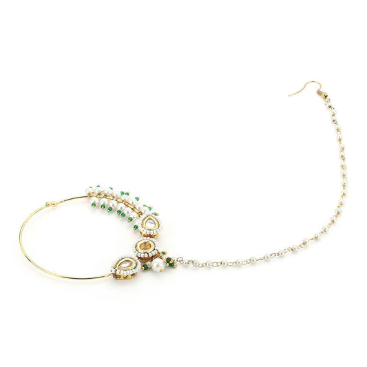 Gold-Plated White Kundan Studded Pearl Beaded Nose Pin - Ruby Raang - Grab2buy