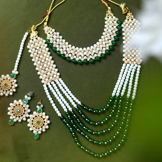 Mominos Fashion Johar Kamal Gold-Plated Rani Haar with Cream Green and Off white Pearls Jewellery Set - Grab2buy