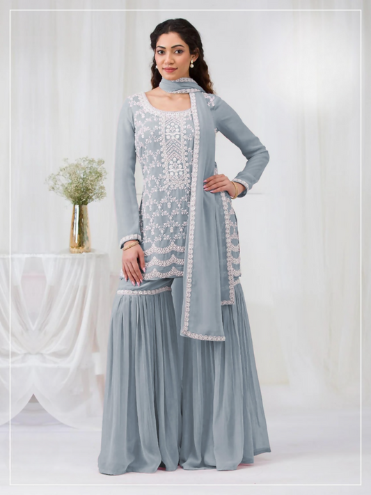Anaita Sky Blue Faux Georgette Stitched Suit with Embroidery Cotton Thread & Sequence Work