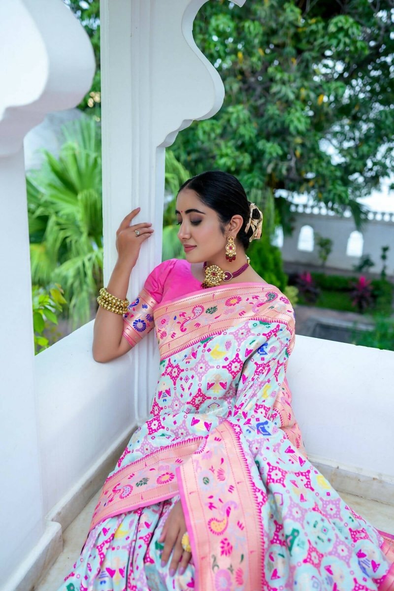 Aastha Fashion Aqua Blue Woven Paithani Silk Saree with Blouse - Grab2buy