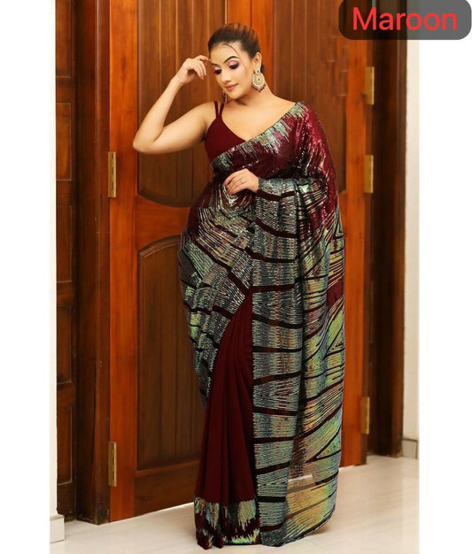 Arfa Fashion House Maroon Georgette Sequince Saree