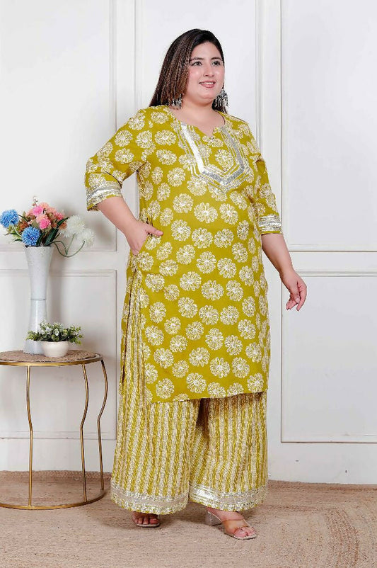 Miravan Plus Size Women'S Lime Yellow Block Printed Kurta With Palazzo