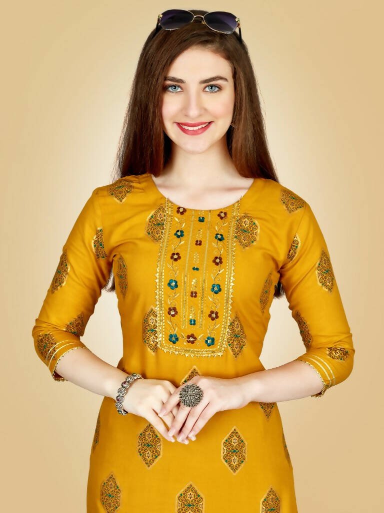 Aastha Fashion Women's Yellow Viscose Rayon Embroidered Kurta Pant Set - Grab2buy