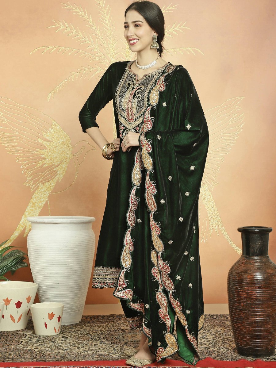 Aastha Fashion Women's Green Velvet Cording with Resham Thread & Sequin Kurta with Trouser & Dupatta - Grab2buy
