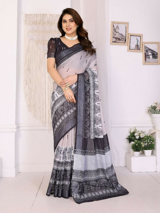 PR Fashion Black Handloom Linen Cotton Zari Saree