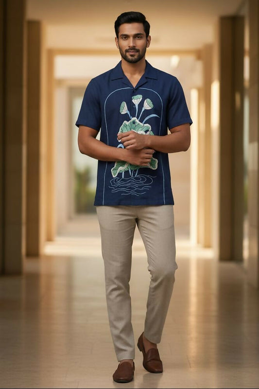 Midnight Bloom — Navy Lotus Embroidered Cotton Shirt by Hilo Design