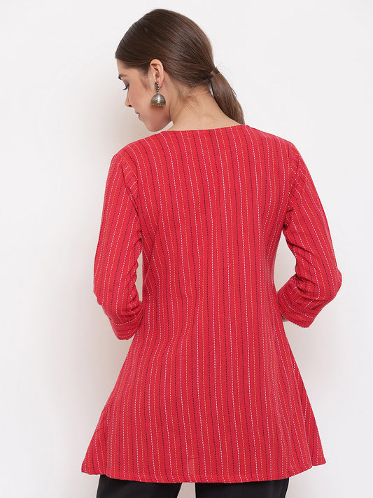 Janasya Women's Red Cotton Woven Design A-Line Top - Grab2buy