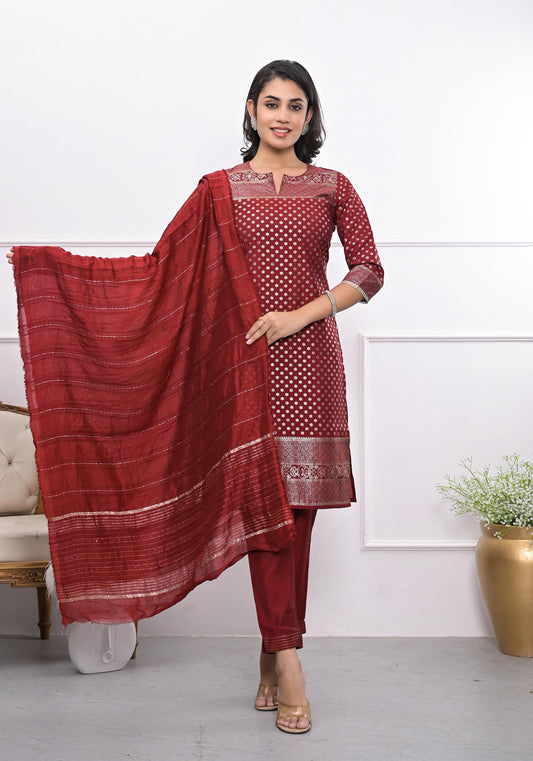 Juniper Women's Maroon Ethnic Motif Printed Silk Kurta Set With Zari Work