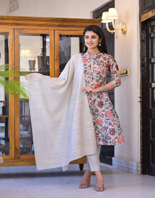 Juniper Women's Off White Floral Printed Silk Kurta Set With Sequins