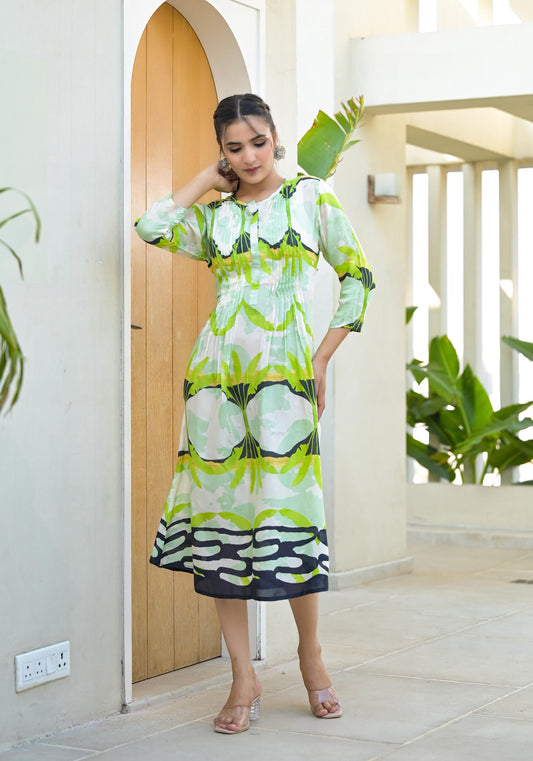 Juniper Green muslin boat neck knee length dress with ethnic print