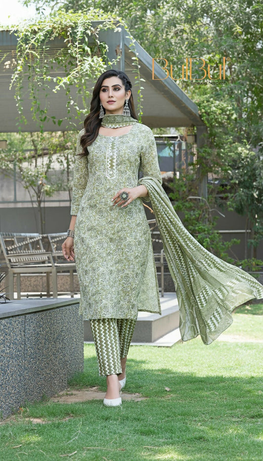 BulBul Fashionista Green Cotton Kurta Set with Dupatta