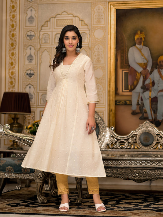 Juniper Ivory Floral Printed Chanderi Kurta With Mirror Work Embroidery | Grab2Buy