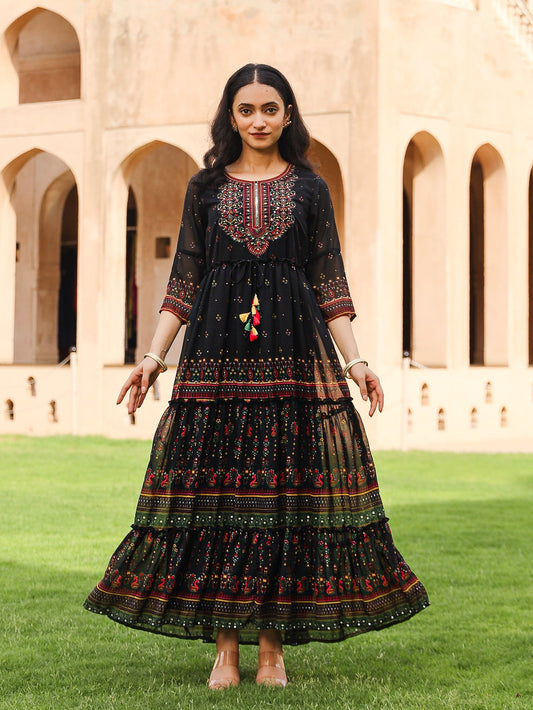 Juniper Black Ethnic Motif Printed Georgette Maxi Dress With Sequins & Doris At Waist