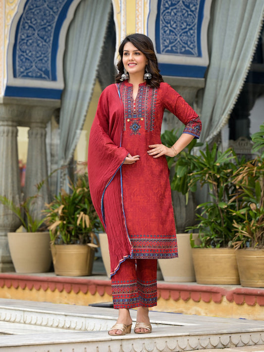 Juniper Women's Red Ethnic Motif Printed Liva Rayon Kurta Pant And Dupatta Set With Coins & Sequins