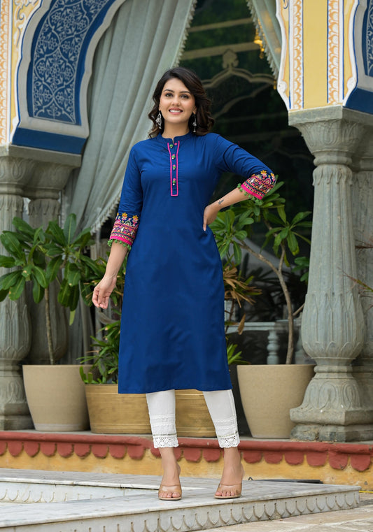 Juniper Blue Thread Embroidered A-Lined Liva Rayon Kurta With Beads & Sequins
