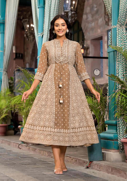 Juniper Women's Brown Ethnic Motif Printed Georgette A-Lined Dress With Sequins & Doris