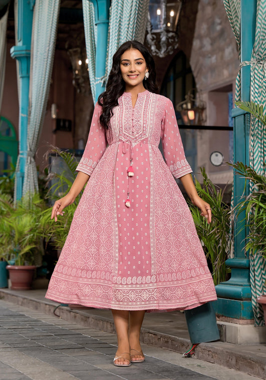 Juniper Pink Ethnic Motif Printed Georgette A-Lined Dress With Sequins & Doris