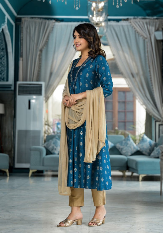 Juniper Women's Blue Ethnic Motif Printed Polycotton Kurta Pant And Dupatta Set With Sequins Gota Patti & Beads