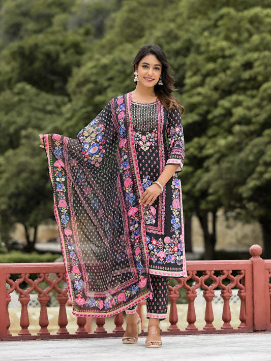 Juniper Women's Black Floral Printed Liva Rayon Kurta Pant And Dupatta Set With Tassels & Sequins