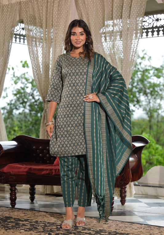 Juniper Women's Green Geometric Printed Cotton Kurta Pant Set With Tassels On Dupatta