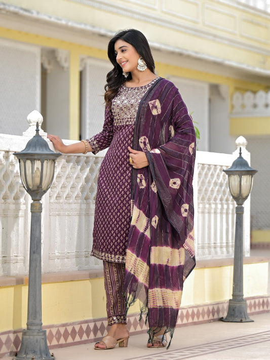 Juniper Women's Wine Ethnic Motif Printed Cotton Kurta, Pant And Dupatta Set With Zari Work & Sequins