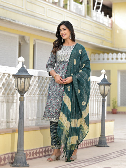 Juniper Women's Teal Ethnic Motif Printed Cotton Kurta, Pant And Dupatta Set With Zari Work & Sequins